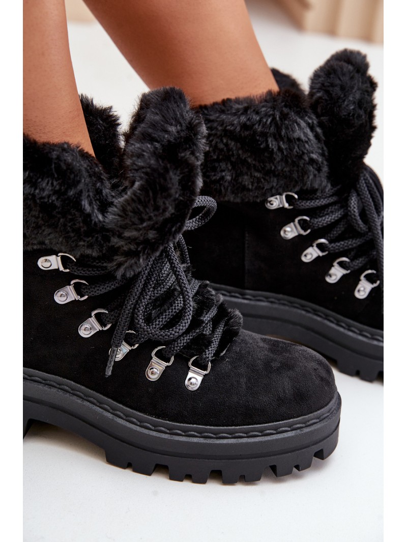 Lace Up Women's Boots With Fur Black Vaminia