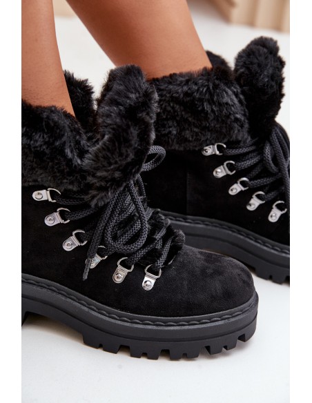 Lace Up Women's Boots With Fur Black Vaminia