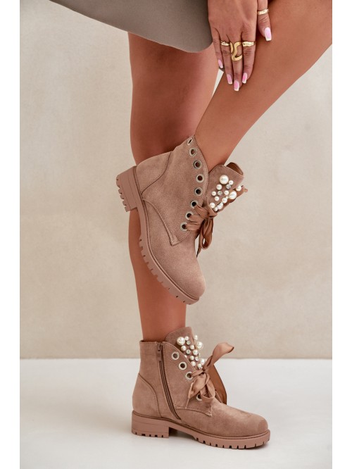 Suede Warm Ankle Boots With Pearls And Ribbon Beige Perla