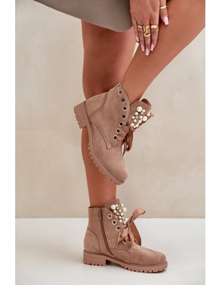 Suede Warm Ankle Boots With Pearls And Ribbon Beige Perla