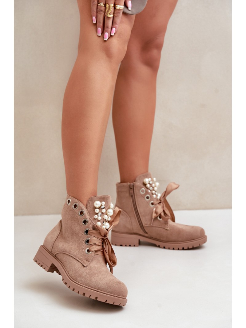 Suede Warm Ankle Boots With Pearls And Ribbon Beige Perla