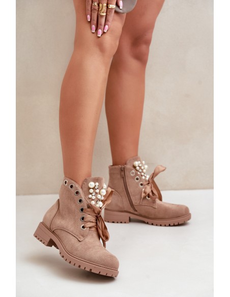 Suede Warm Ankle Boots With Pearls And Ribbon Beige Perla