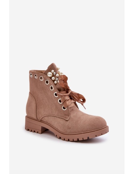 Suede Warm Ankle Boots With Pearls And Ribbon Beige Perla