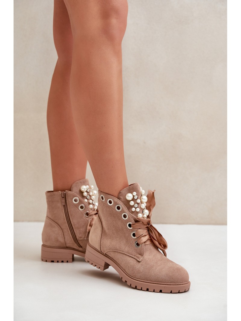Suede Warm Ankle Boots With Pearls And Ribbon Beige Perla