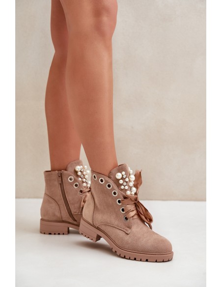 Suede Warm Ankle Boots With Pearls And Ribbon Beige Perla