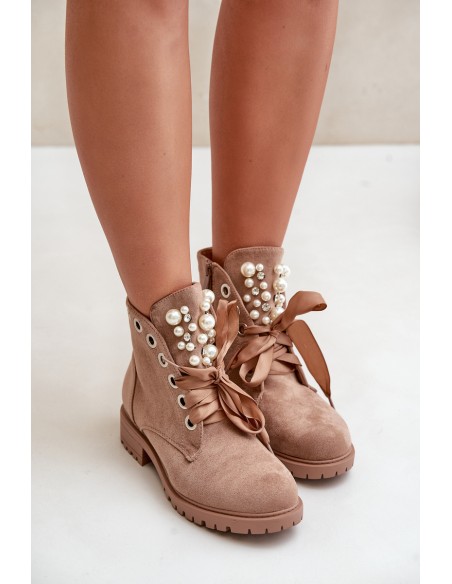 Suede Warm Ankle Boots With Pearls And Ribbon Beige Perla