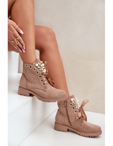 Suede Warm Ankle Boots With Pearls And Ribbon Beige Perla