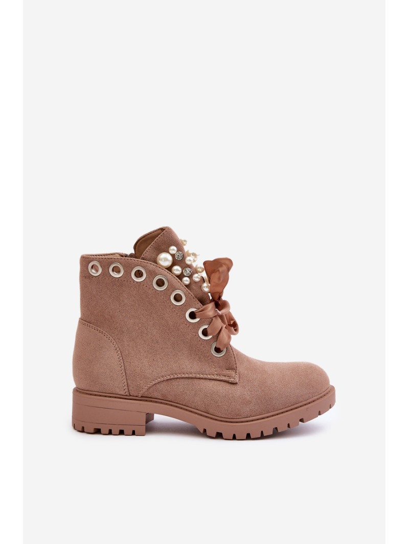Suede Warm Ankle Boots With Pearls And Ribbon Beige Perla