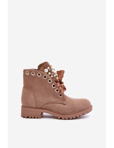 Suede Warm Ankle Boots With Pearls And Ribbon Beige Perla