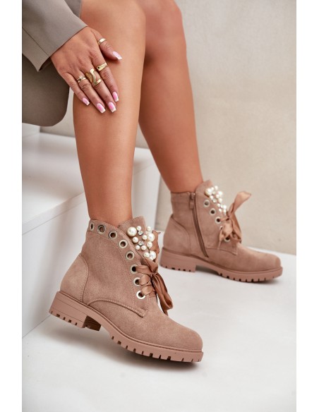 Suede Warm Ankle Boots With Pearls And Ribbon Beige Perla