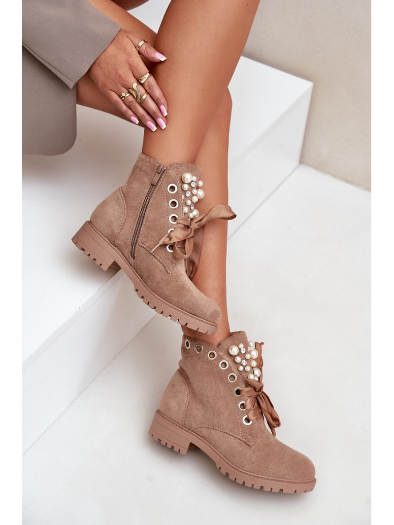 Suede Warm Ankle Boots With Pearls And Ribbon Beige Perla