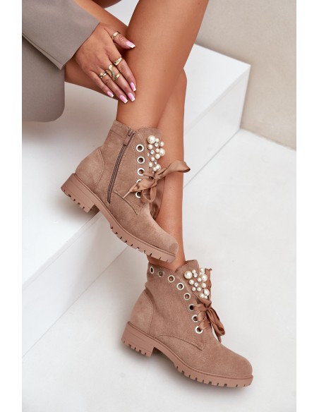 Suede Warm Ankle Boots With Pearls And Ribbon Beige Perla