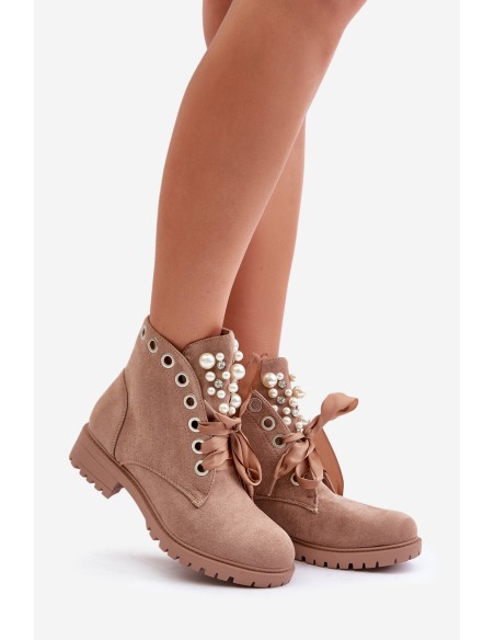 Suede Warm Ankle Boots With Pearls And Ribbon Beige Perla