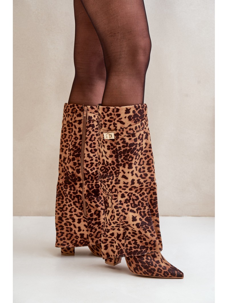 Women's Knee High Heeled Boots Leopard Brown Portora