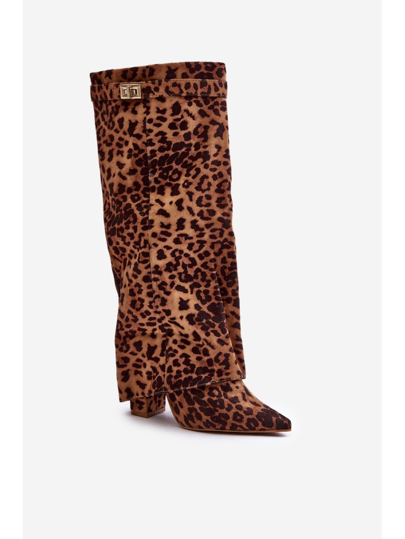 Women's Knee High Heeled Boots Leopard Brown Portora