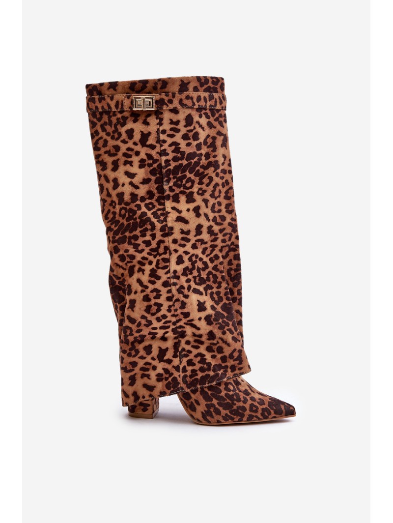 Women's Knee High Heeled Boots Leopard Brown Portora