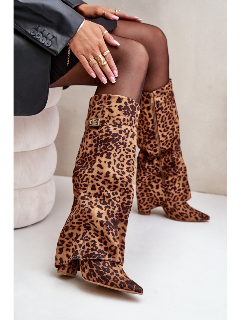 Women's Knee High Heeled Boots Leopard Brown Portora