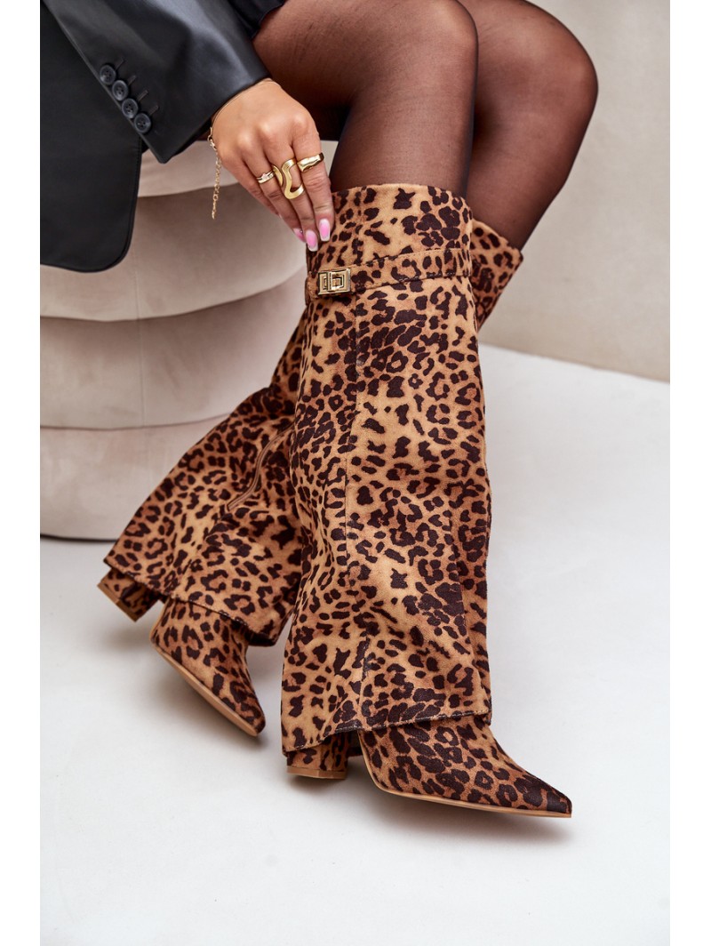 Women's Knee High Heeled Boots Leopard Brown Portora