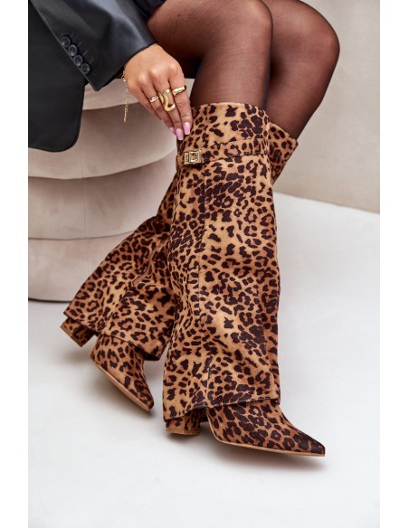 Women's Knee High Heeled Boots Leopard Brown Portora