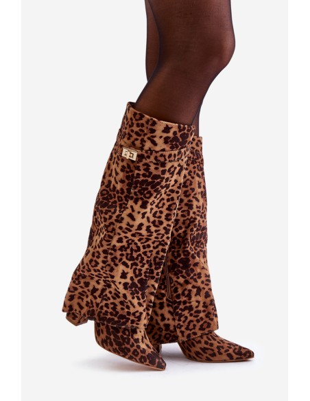 Women's Knee High Heeled Boots Leopard Brown Portora