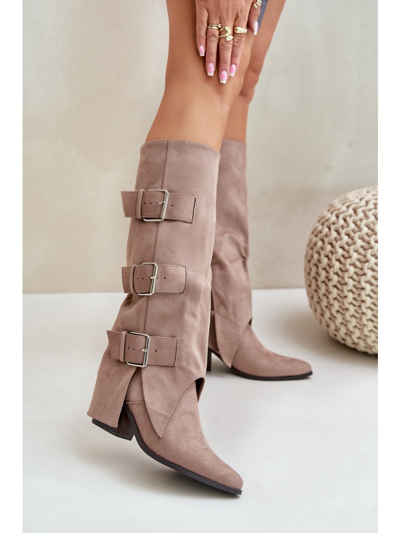 Knee High Heeled Boots With Folded Shaft And Buckles Beige Vamissa