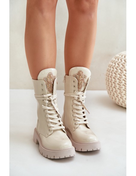 Lacquered Insulated Worker Ankle Boots With Decoration Beige Kelilea