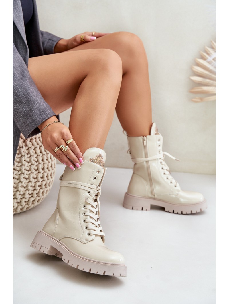 Lacquered Insulated Worker Ankle Boots With Decoration Beige Kelilea