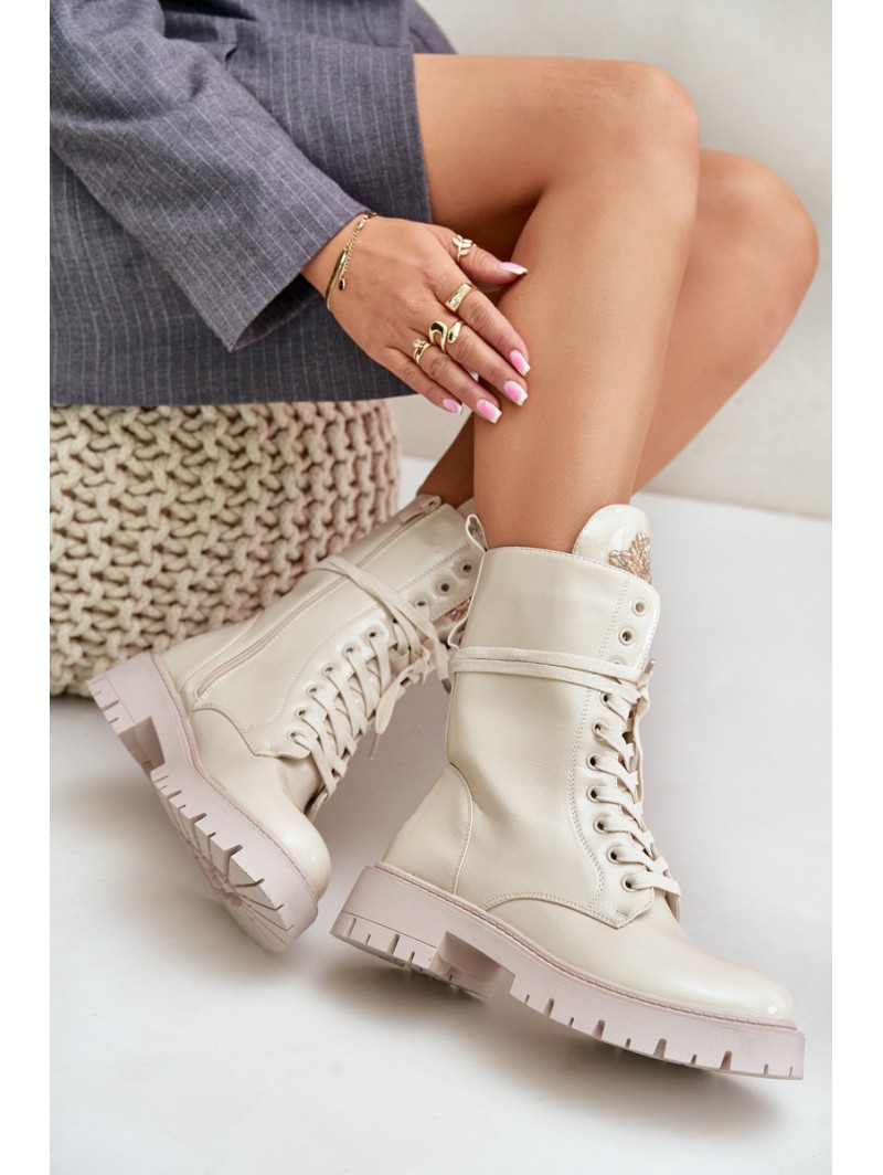 Lacquered Insulated Worker Ankle Boots With Decoration Beige Kelilea
