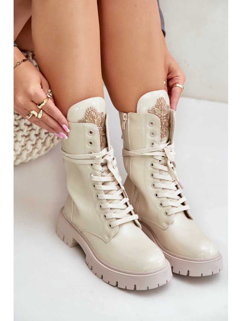 Lacquered Insulated Worker Ankle Boots With Decoration Beige Kelilea