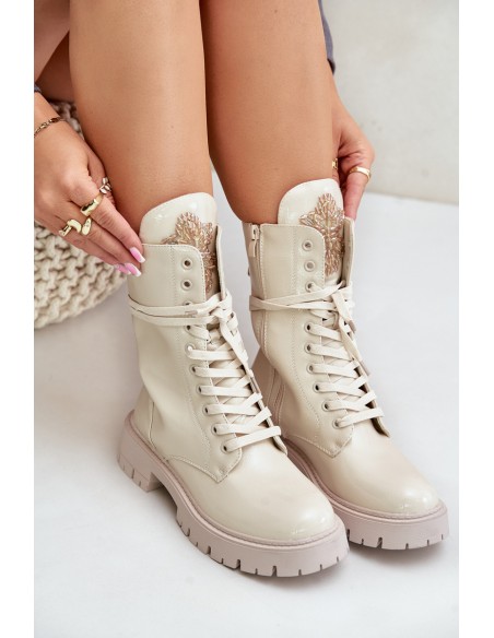 Lacquered Insulated Worker Ankle Boots With Decoration Beige Kelilea