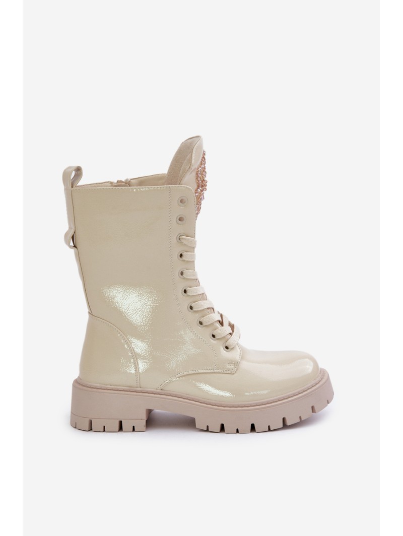 Lacquered Insulated Worker Ankle Boots With Decoration Beige Kelilea