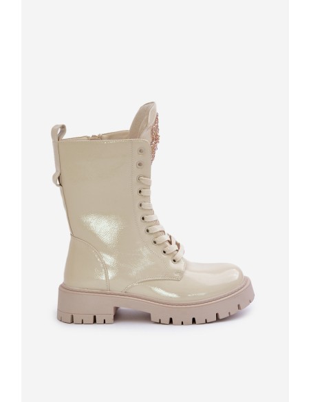Lacquered Insulated Worker Ankle Boots With Decoration Beige Kelilea
