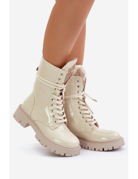 Lacquered Insulated Worker Ankle Boots With Decoration Beige Kelilea