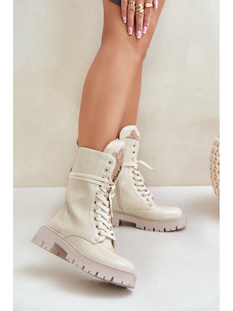 Lacquered Insulated Worker Ankle Boots With Decoration Beige Kelilea