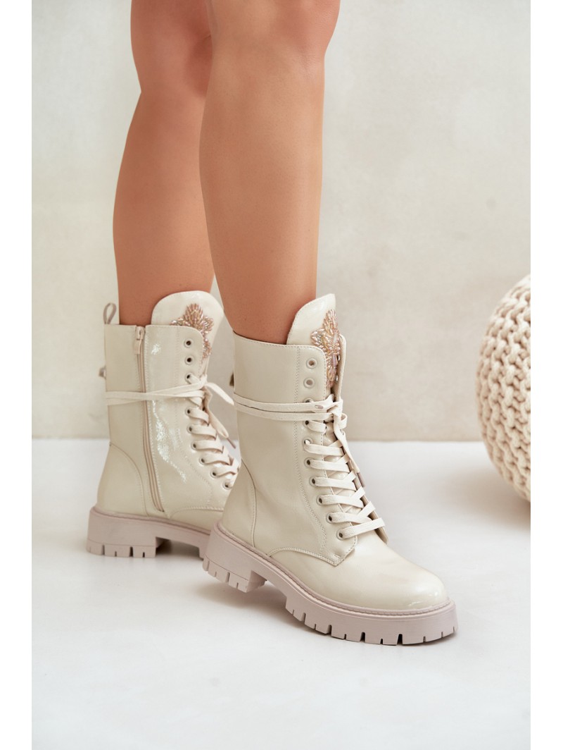 Lacquered Insulated Worker Ankle Boots With Decoration Beige Kelilea