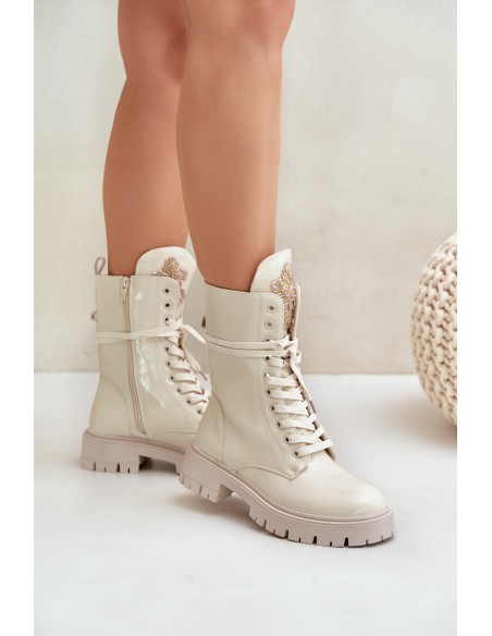 Lacquered Insulated Worker Ankle Boots With Decoration Beige Kelilea