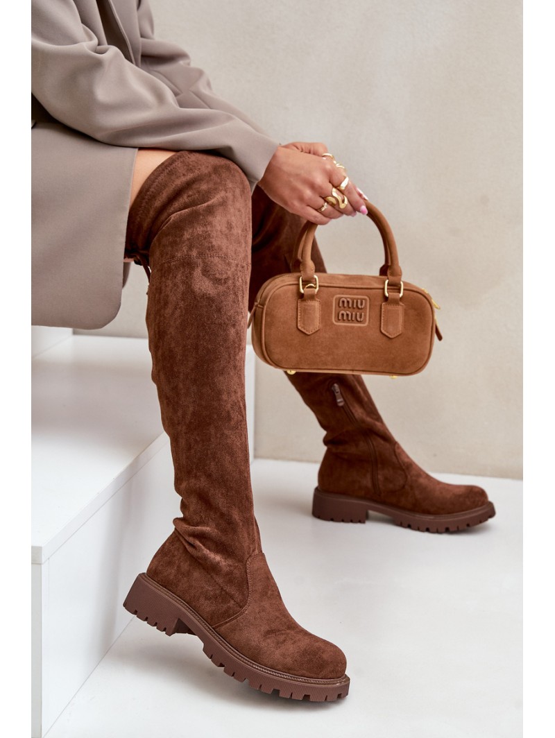 Knee High Boots With Flat Heel Made Of Eco Suede Brown Arkelia