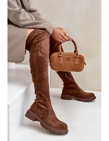 Knee High Boots With Flat Heel Made Of Eco Suede Brown Arkelia