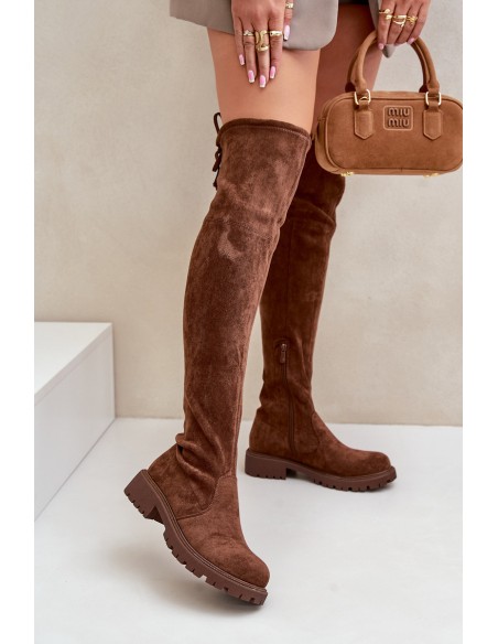 Knee High Boots With Flat Heel Made Of Eco Suede Brown Arkelia