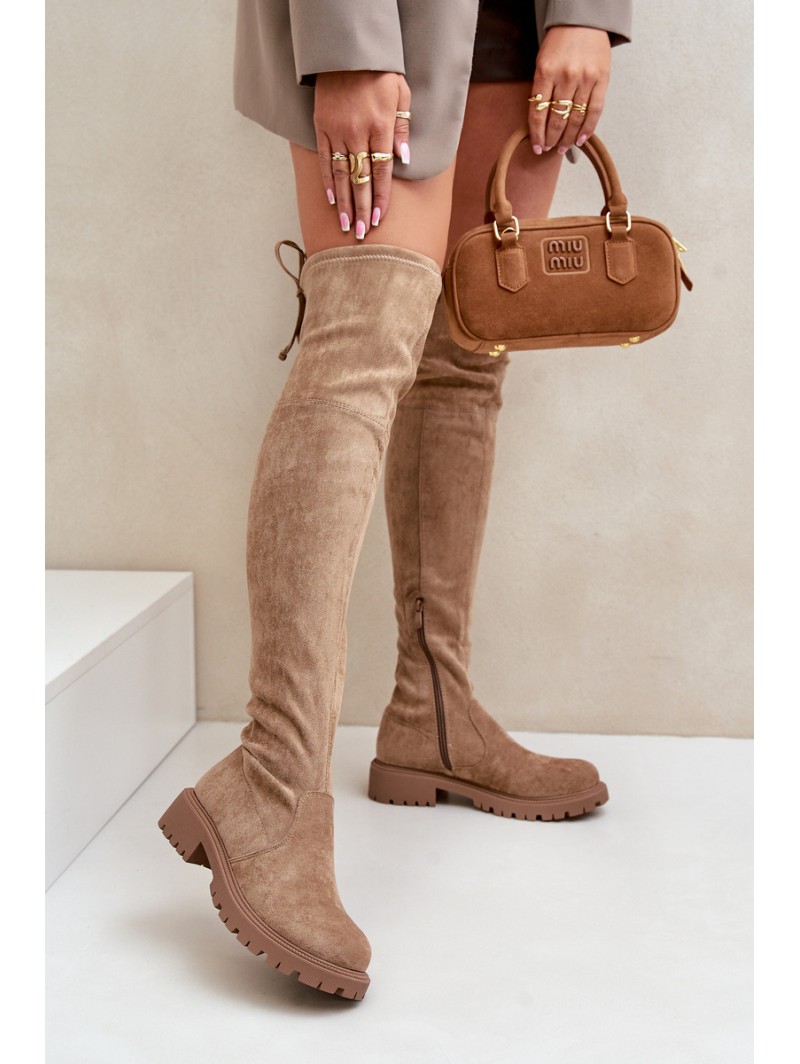 Knee High Boots On Flat Heel Made Of Eco Suede Beige Arkelia