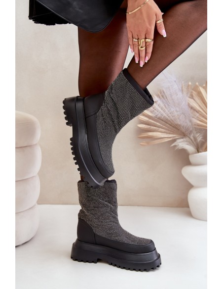 Embellished Snow Boots On Platform And Flat Heel Black Avivina