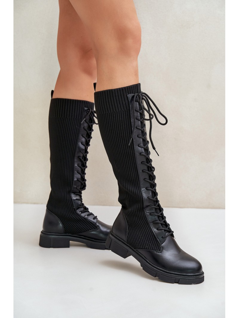 Lace-up boots with elastic shaft black Vamilena
