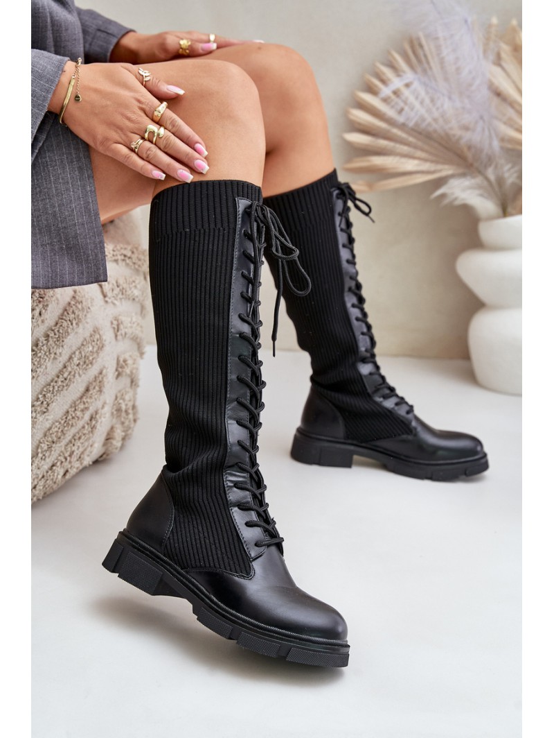 Lace-up boots with elastic shaft black Vamilena