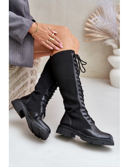Lace-up boots with elastic shaft black Vamilena