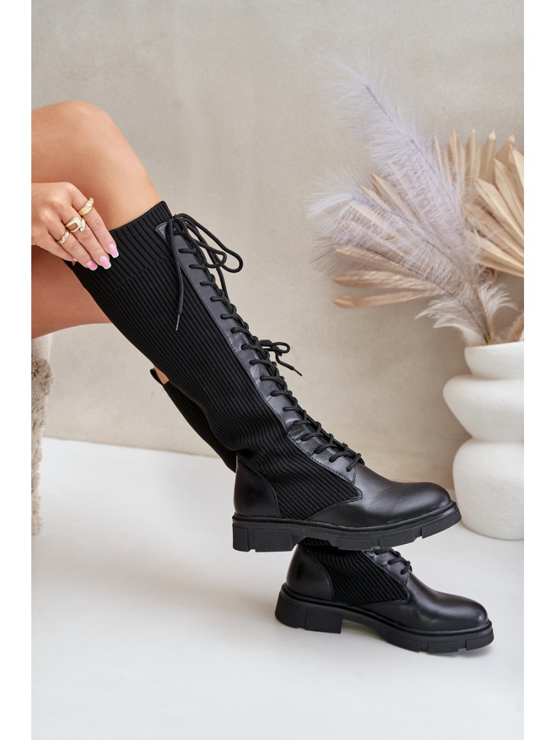 Lace-up boots with elastic shaft black Vamilena