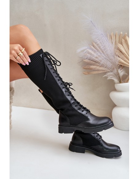 Lace-up boots with elastic shaft black Vamilena