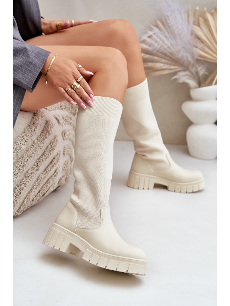 Knee Boots With Elastic Shaft On Flat Heel Light Beige Mesidra