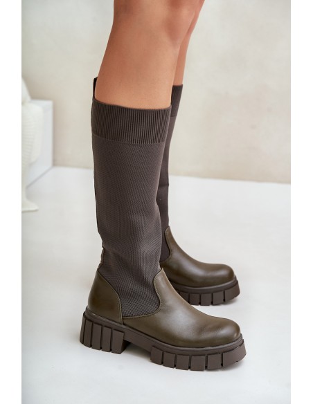 Knee Boots With Elastic Shaft On Flat Heel Light Beige Mesidra