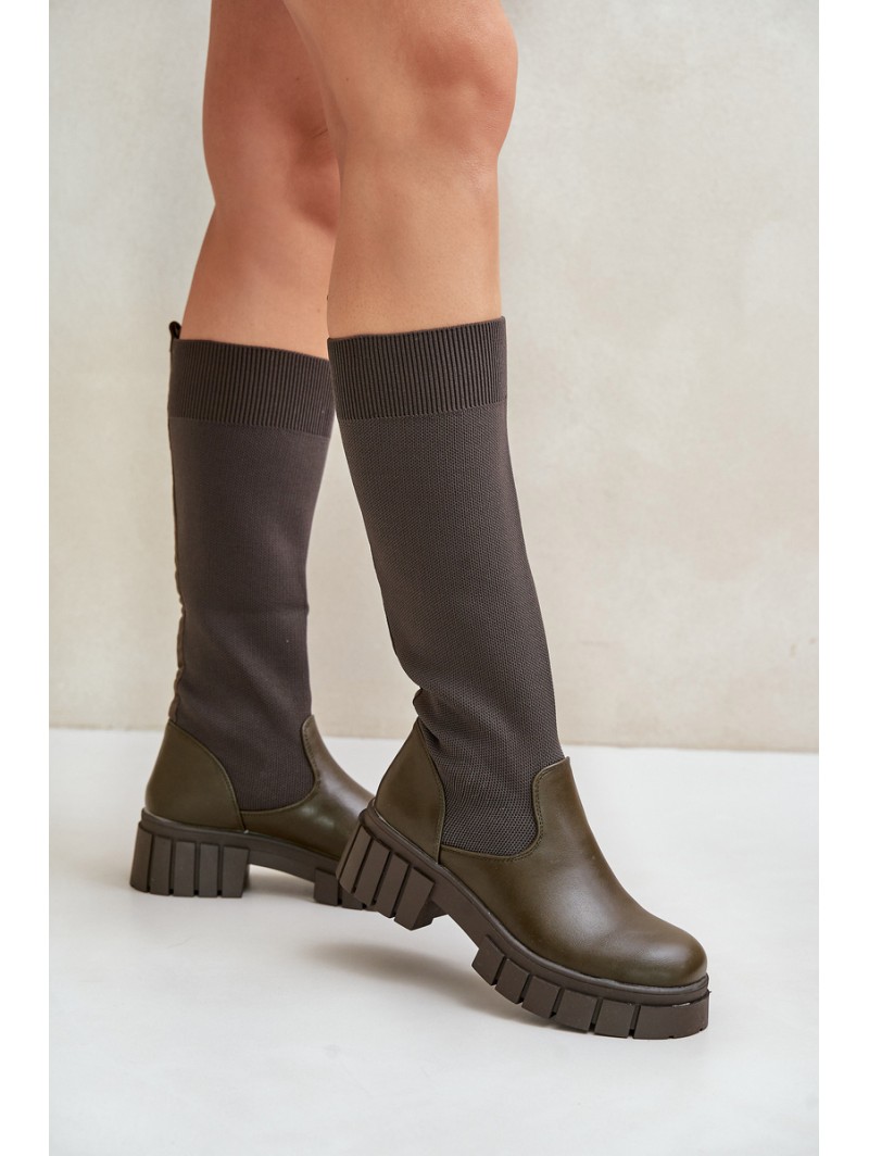Knee Boots With Elastic Shaft On Flat Heel Light Beige Mesidra