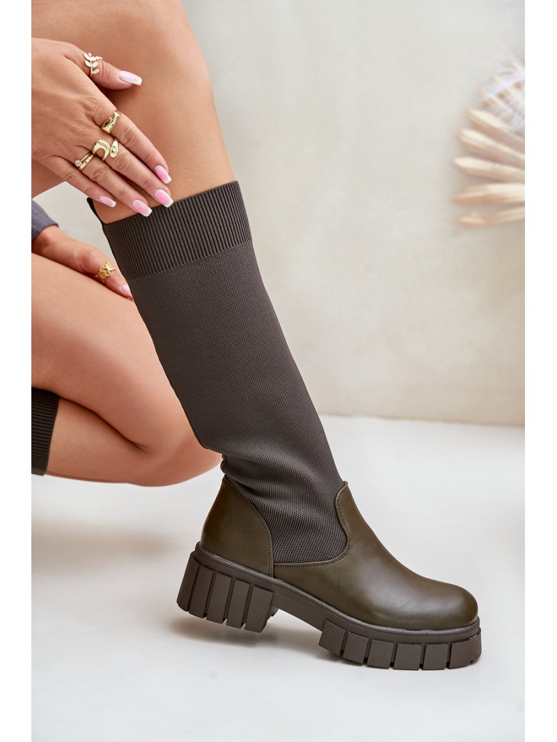 Knee Boots With Elastic Shaft On Flat Heel Light Beige Mesidra